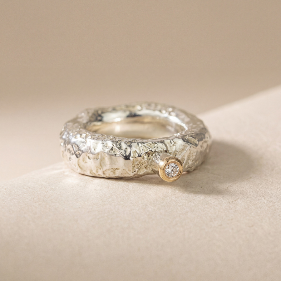 Bague solitaire Luna Étoile argent 925 et diamant serti or 18K, vue de face