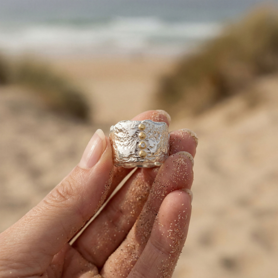 Détail bague Luna Cosmos en argent sur fond de sable – Mikaël Coutand joaillier