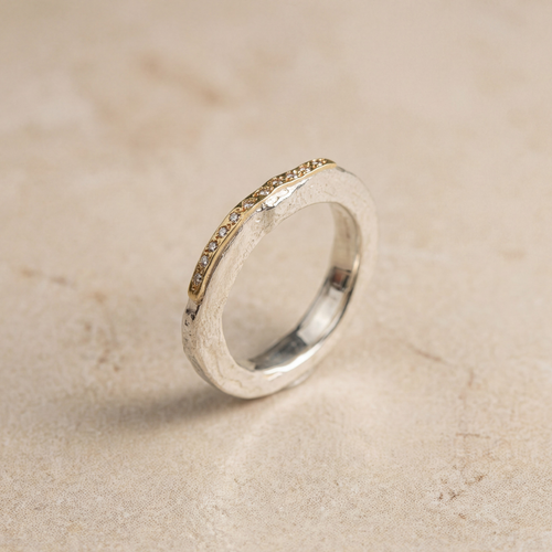 Bague fine Luna Fina argent 925 et or 18K pavé diamants, vue 3/4